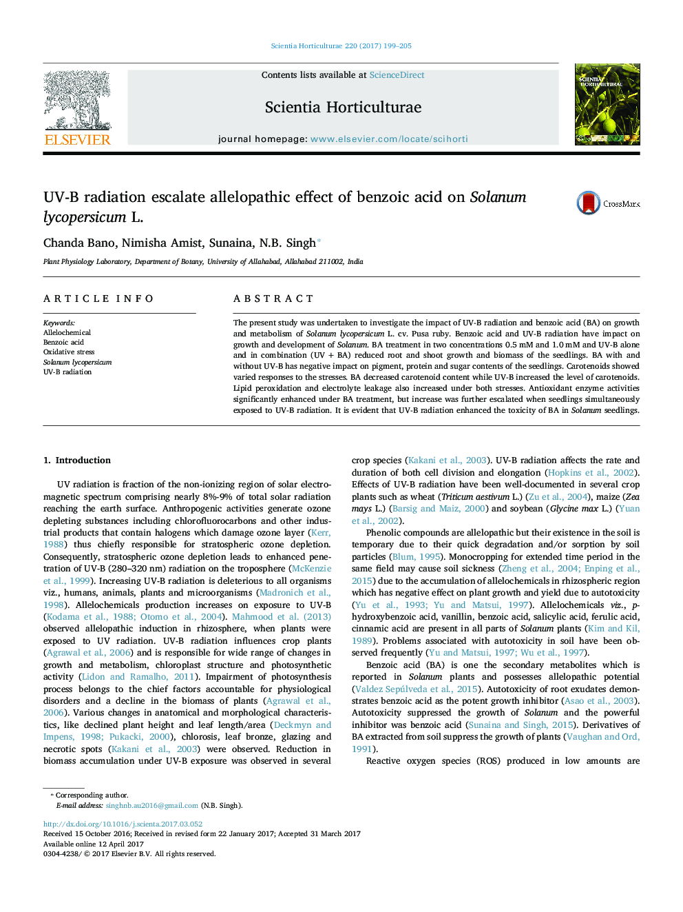 UV-B radiation escalate allelopathic effect of benzoic acid on Solanum lycopersicum L.