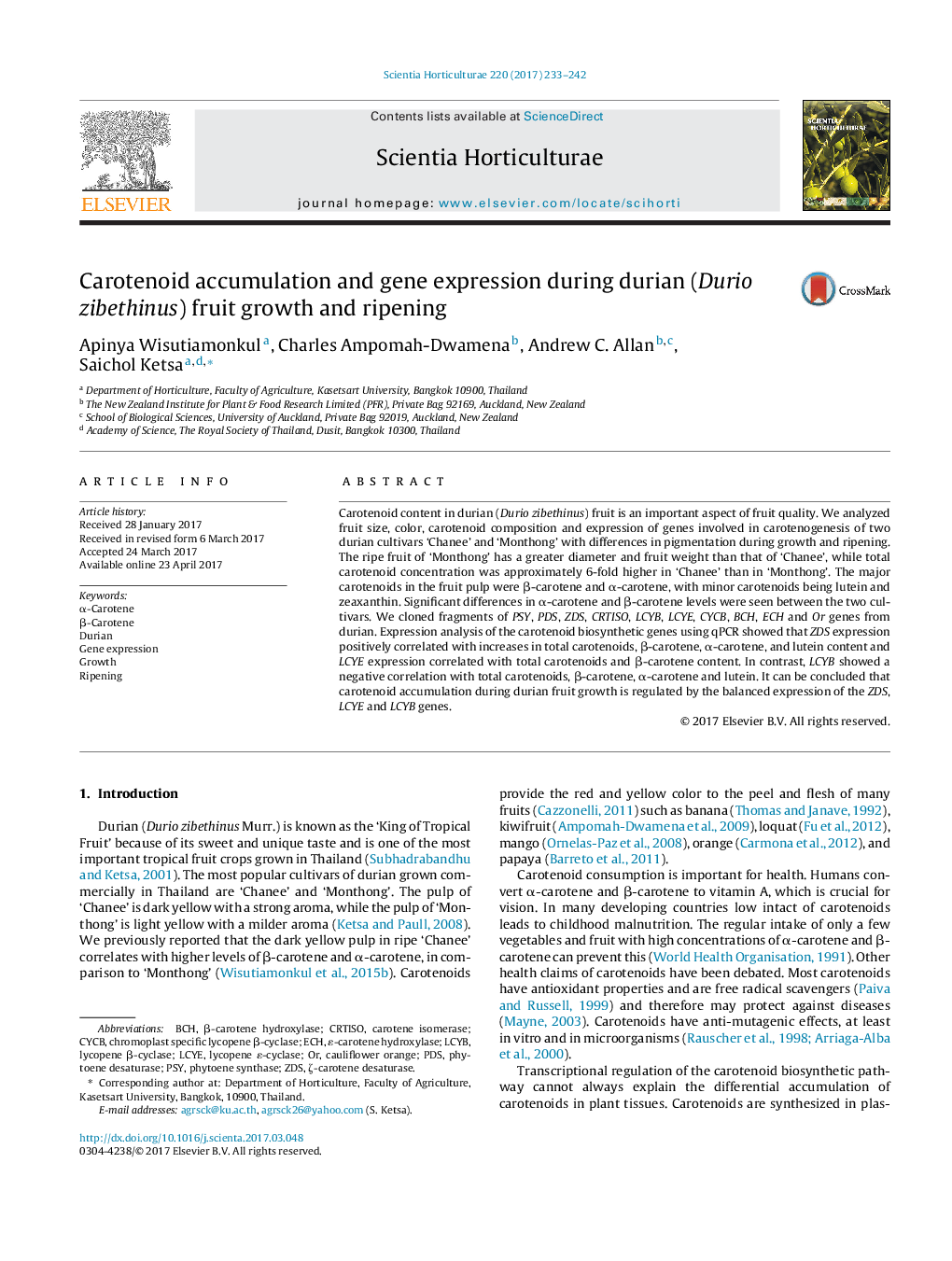 Carotenoid accumulation and gene expression during durian (Durio zibethinus) fruit growth and ripening