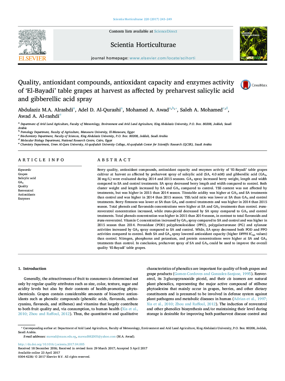 Quality, antioxidant compounds, antioxidant capacity and enzymes activity of 'El-Bayadi' table grapes at harvest as affected by preharvest salicylic acid and gibberellic acid spray