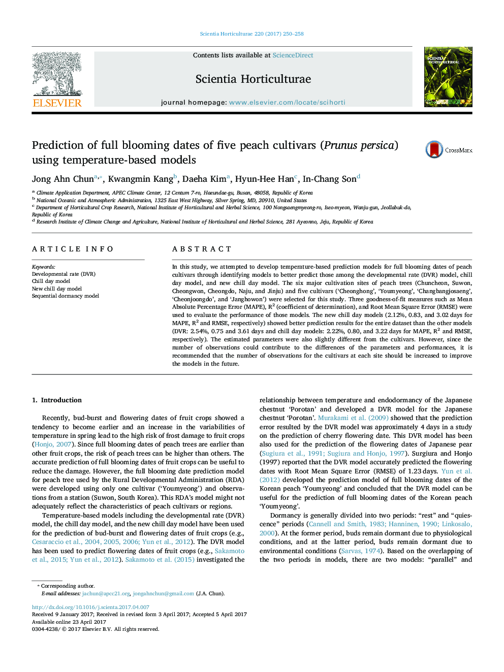 عکس صفحه اول مقاله: Prediction of full blooming dates of five peach cultivars (Prunus persica) using temperature-based models Prediction of full blooming dates of five peach cultivars (Prunus persica) using temperature-based models