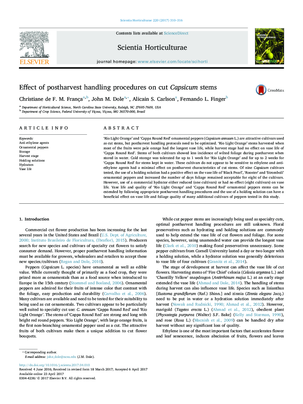 Effect of postharvest handling procedures on cut Capsicum stems