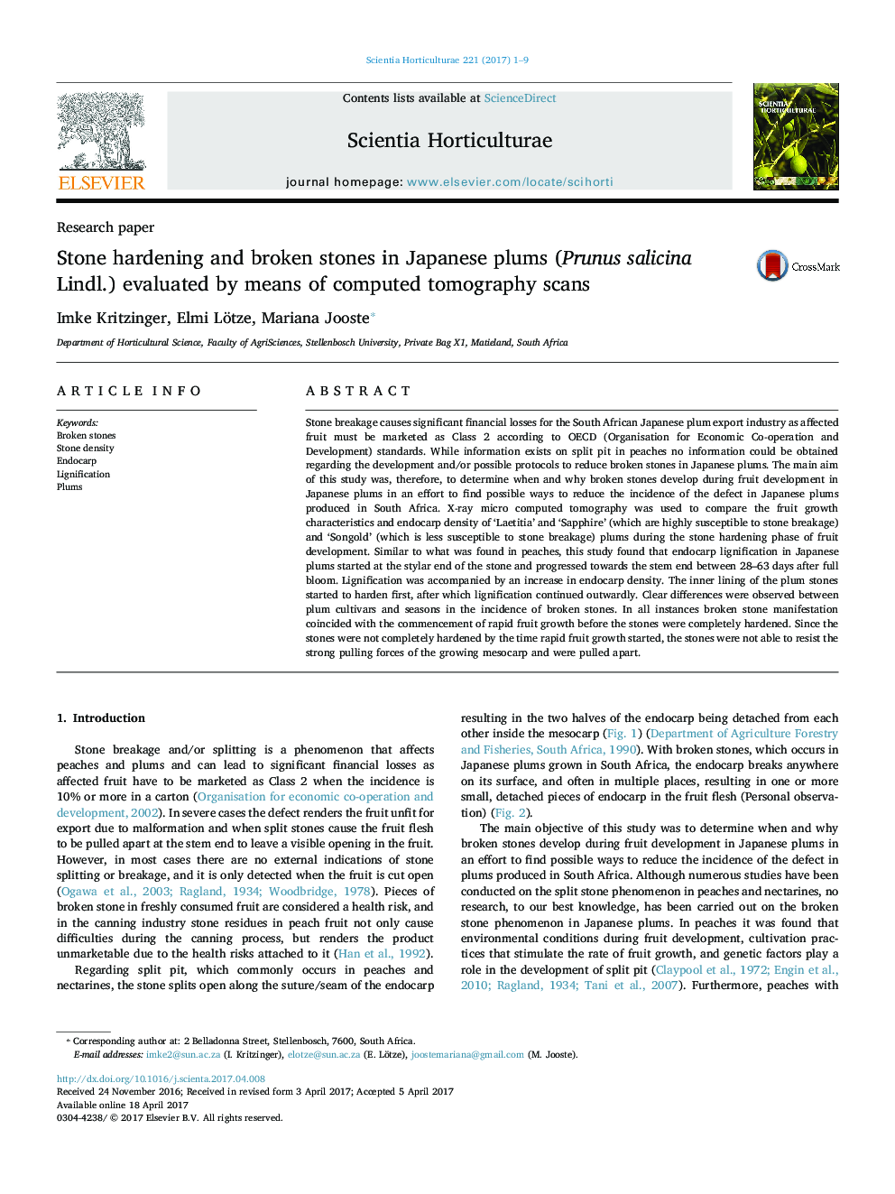 Research paperStone hardening and broken stones in Japanese plums (Prunus salicina Lindl.) evaluated by means of computed tomography scans