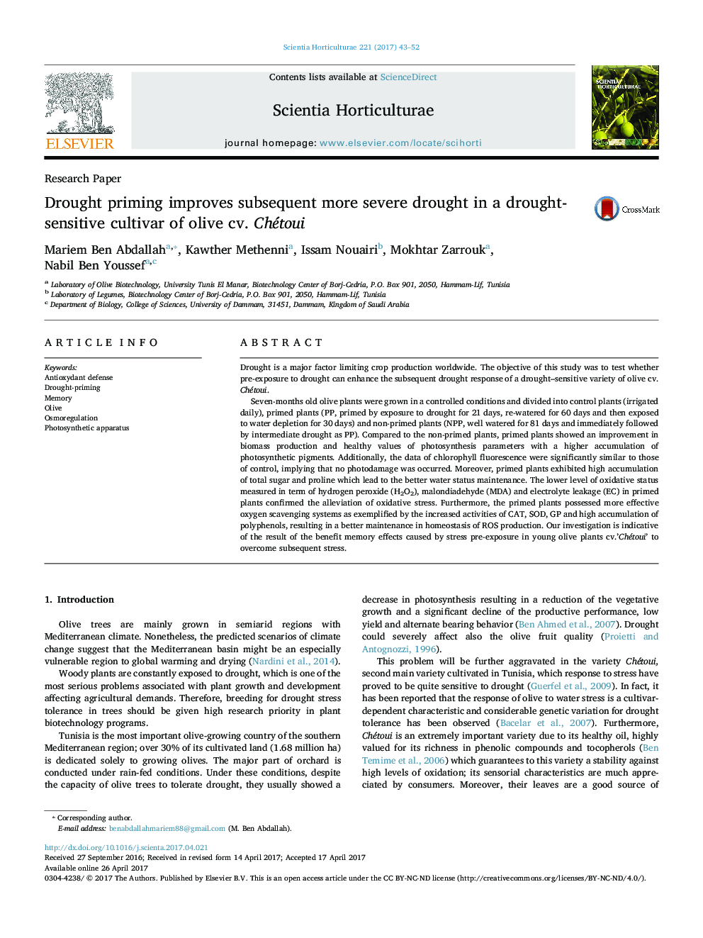 Research PaperDrought priming improves subsequent more severe drought in a drought-sensitive cultivar of olive cv. Chétoui