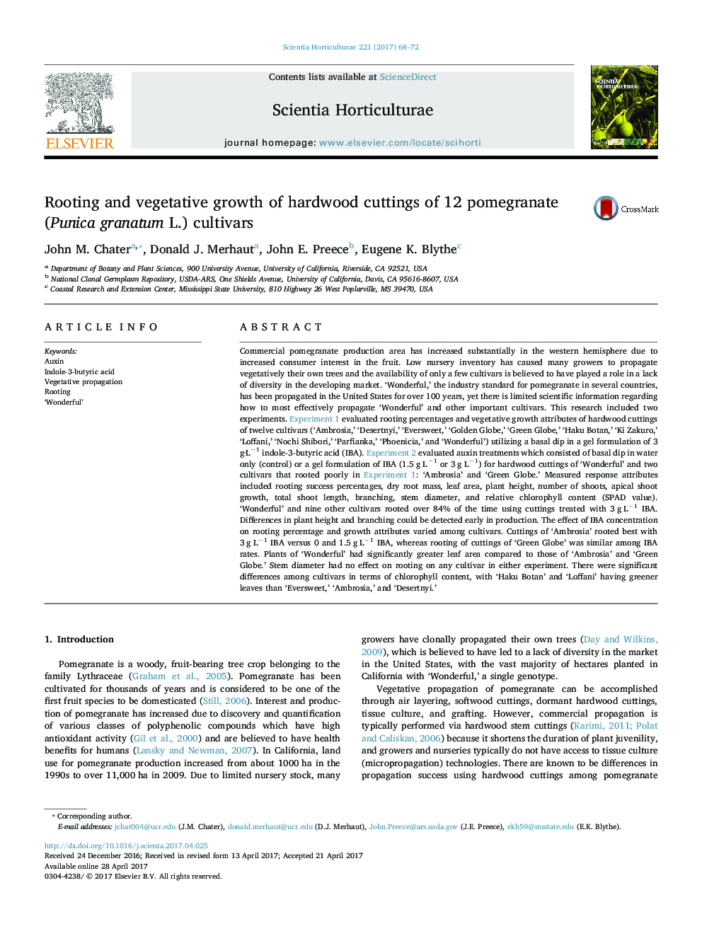 Rooting and vegetative growth of hardwood cuttings of 12 pomegranate (Punica granatum L.) cultivars