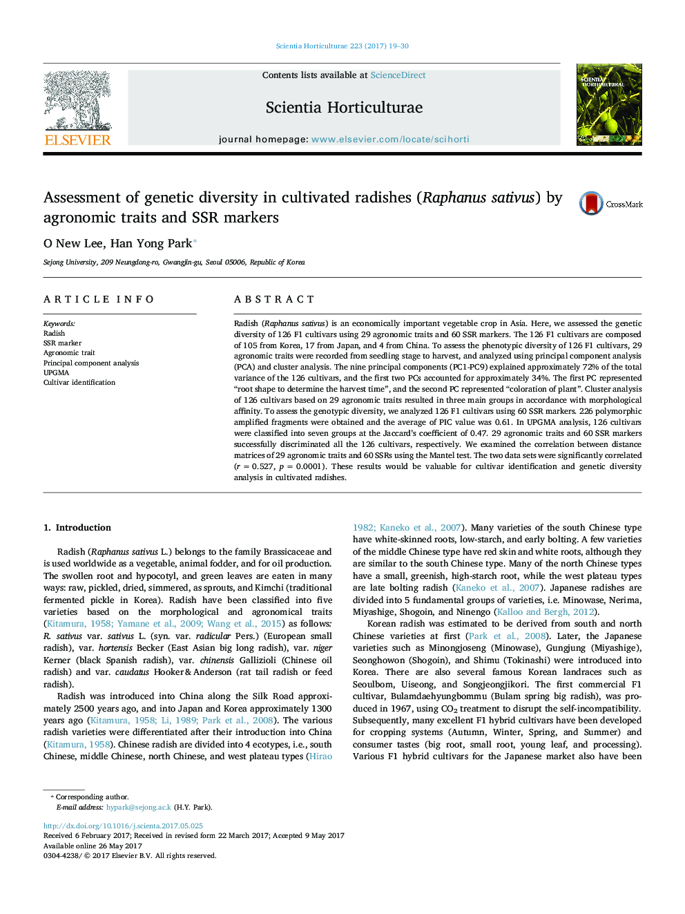 Assessment of genetic diversity in cultivated radishes (Raphanus sativus) by agronomic traits and SSR markers