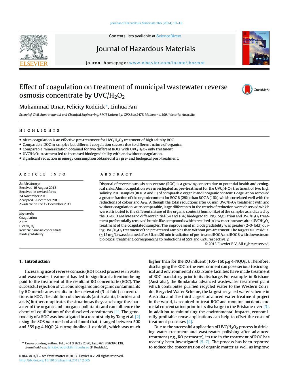 Effect of coagulation on treatment of municipal wastewater reverse osmosis concentrate by UVC/H2O2