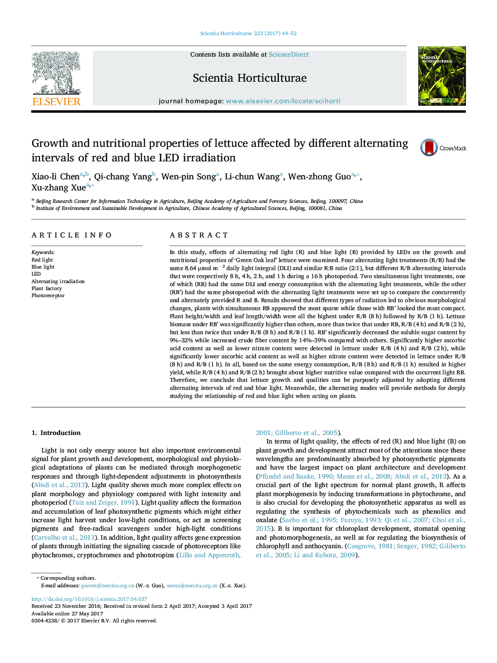 Growth and nutritional properties of lettuce affected by different alternating intervals of red and blue LED irradiation