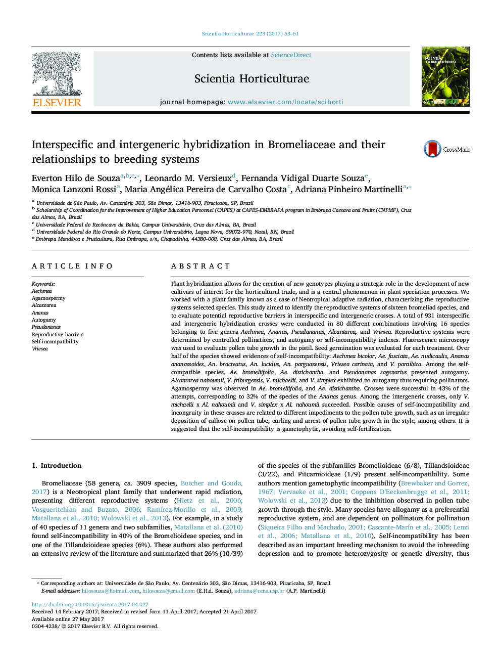 Interspecific and intergeneric hybridization in Bromeliaceae and their relationships to breeding systems