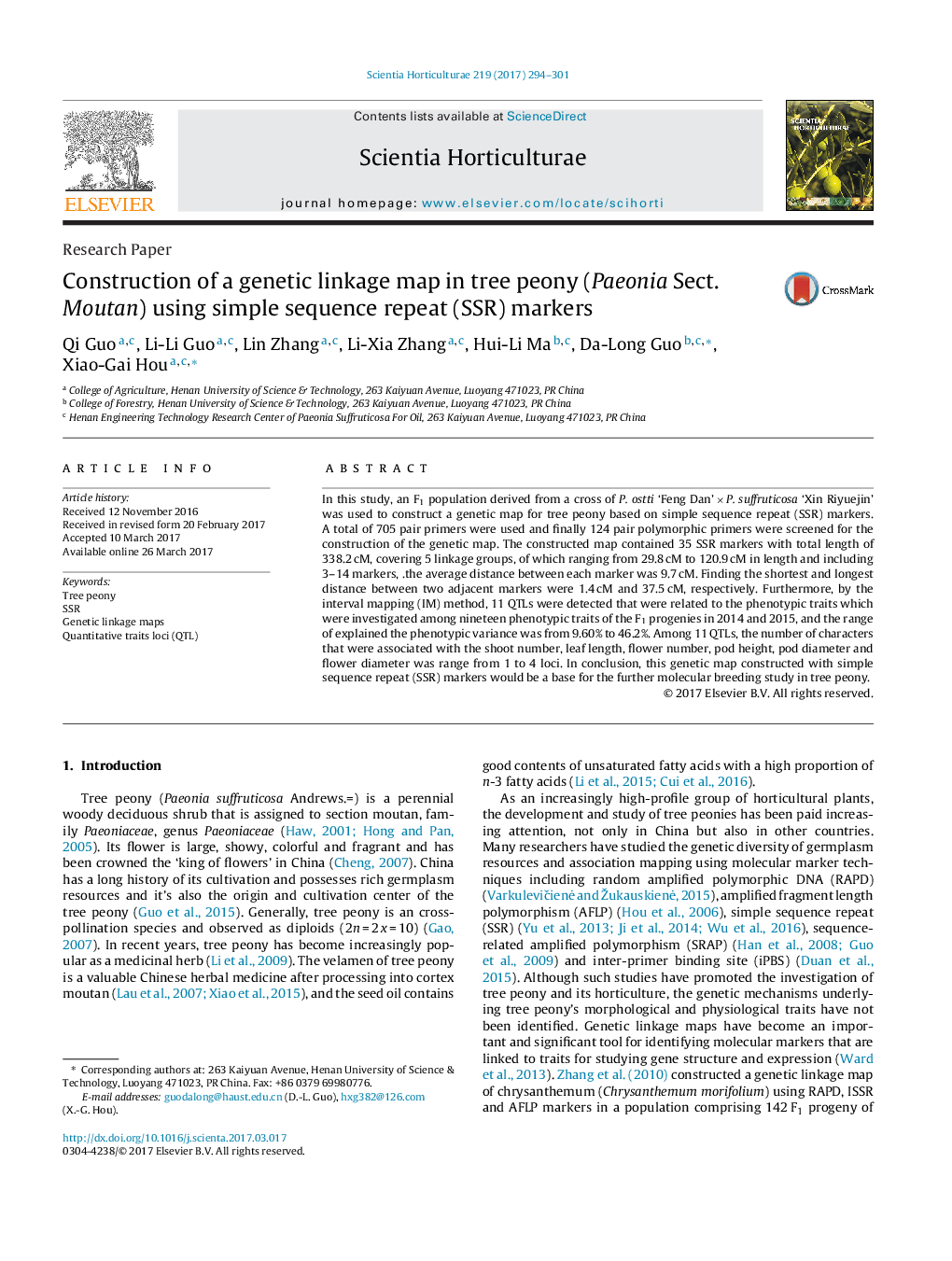 Research PaperConstruction of a genetic linkage map in tree peony (Paeonia Sect. Moutan) using simple sequence repeat (SSR) markers