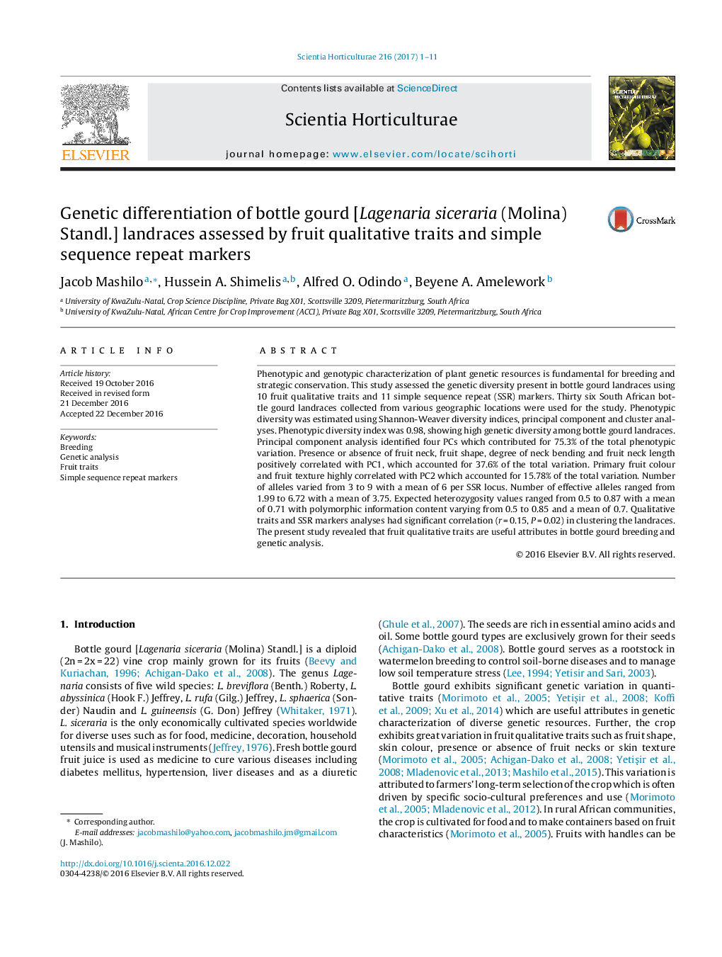 Genetic differentiation of bottle gourd [Lagenaria siceraria (Molina) Standl.] landraces assessed by fruit qualitative traits and simple sequence repeat markers