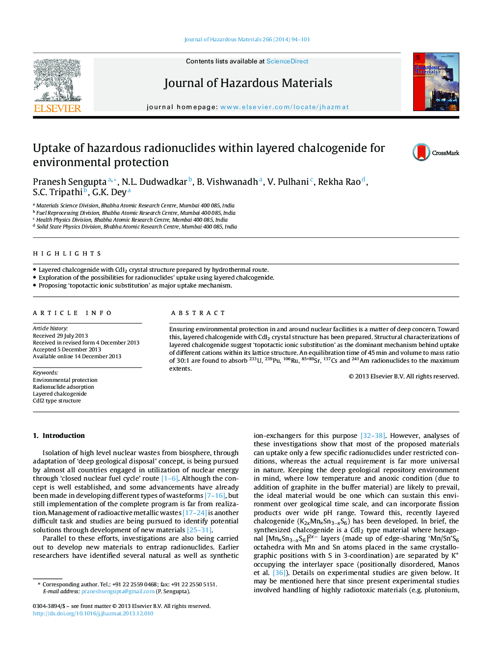 Uptake of hazardous radionuclides within layered chalcogenide for environmental protection