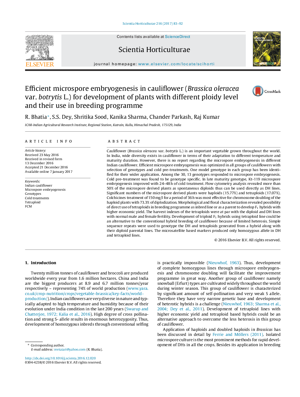 Efficient microspore embryogenesis in cauliflower (Brassica oleracea var. botrytis L.) for development of plants with different ploidy level and their use in breeding programme