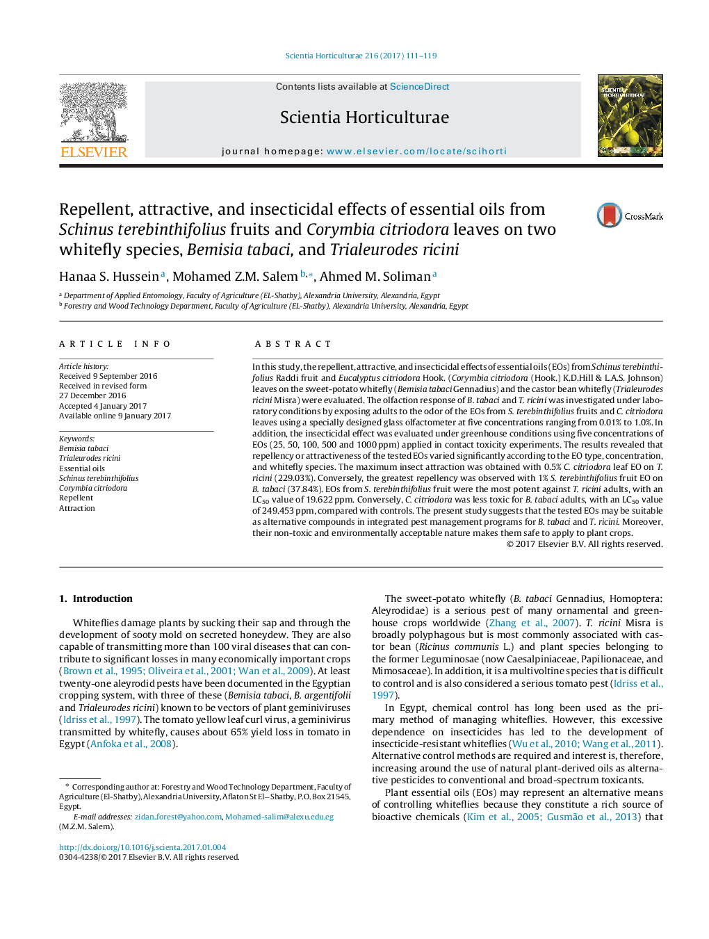 Repellent, attractive, and insecticidal effects of essential oils from Schinus terebinthifolius fruits and Corymbia citriodora leaves on two whitefly species, Bemisia tabaci, and Trialeurodes ricini