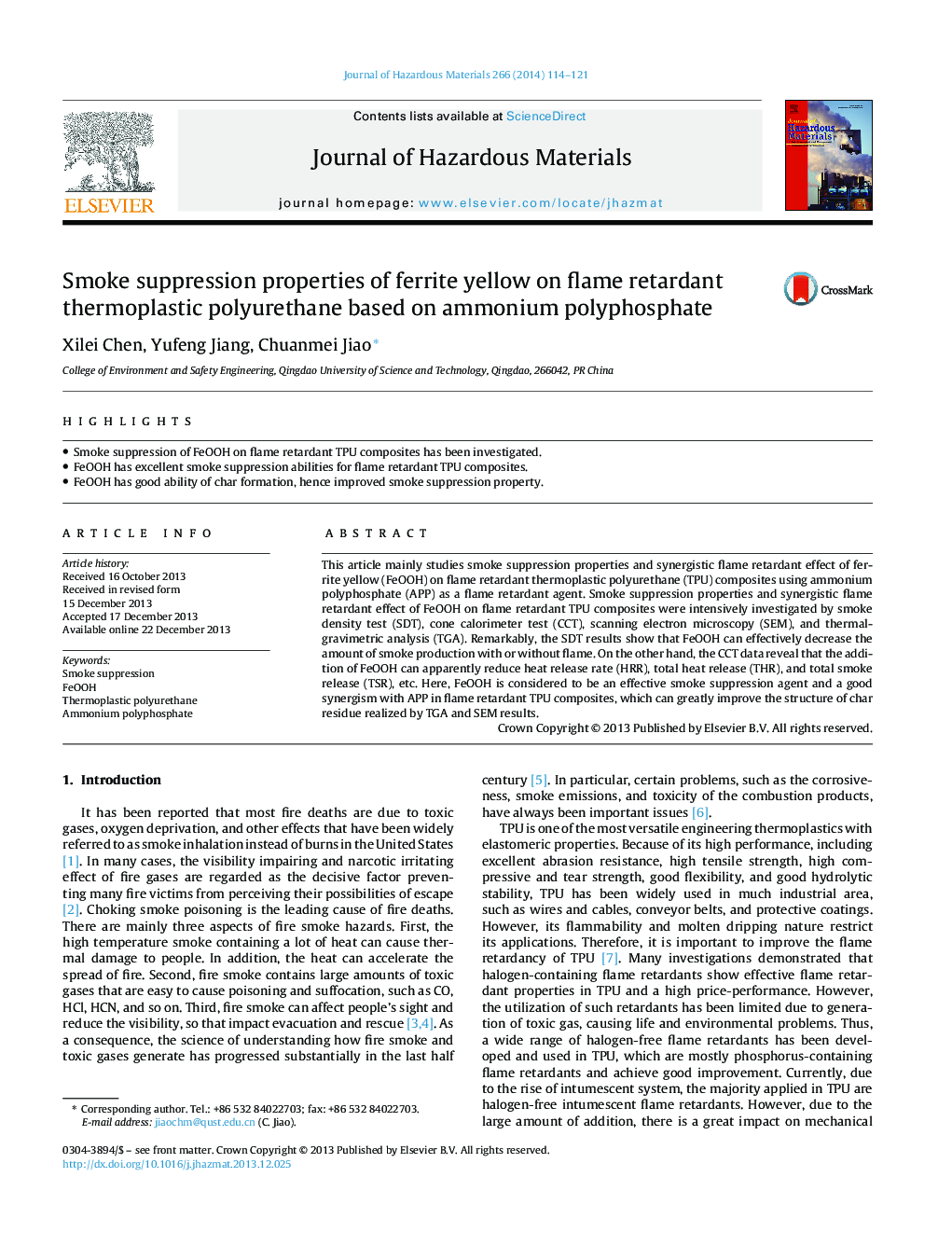 Smoke suppression properties of ferrite yellow on flame retardant thermoplastic polyurethane based on ammonium polyphosphate