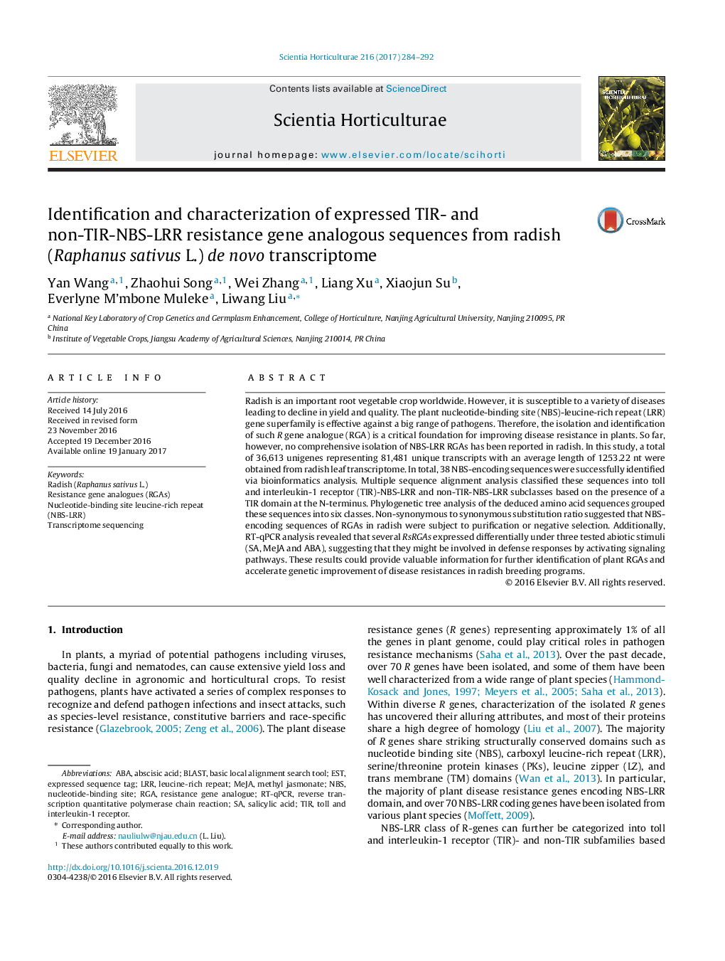 Identification and characterization of expressed TIR- and non-TIR-NBS-LRR resistance gene analogous sequences from radish (Raphanus sativus L.) de novo transcriptome