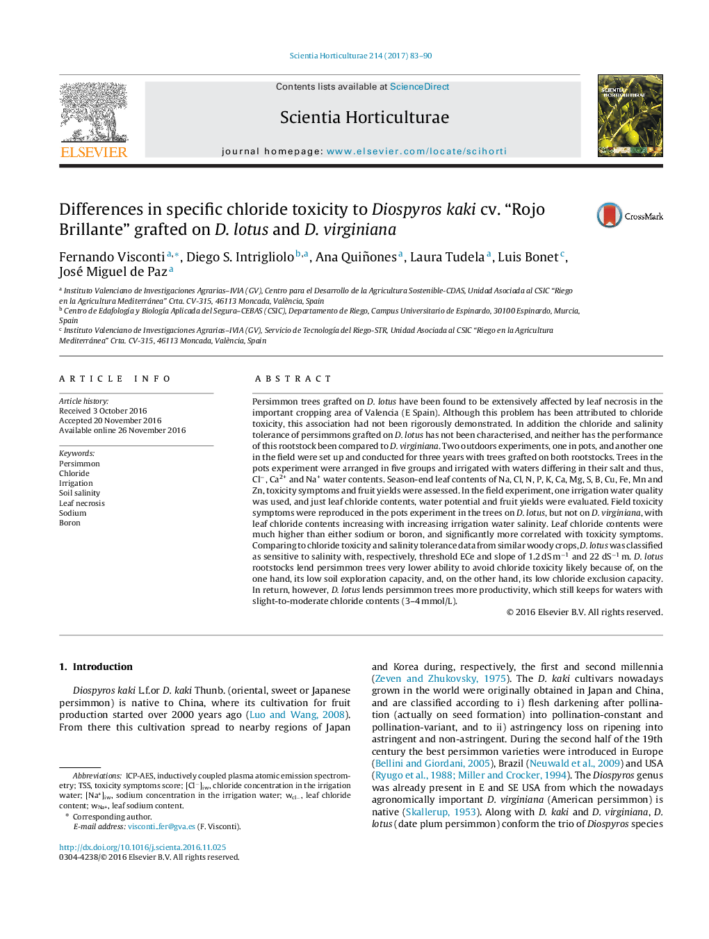 Differences in specific chloride toxicity to Diospyros kaki cv. “Rojo Brillante” grafted on D. lotus and D. virginiana