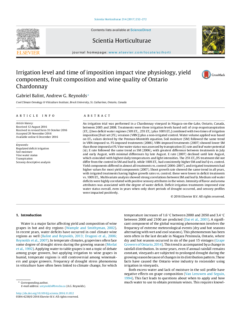 Irrigation level and time of imposition impact vine physiology, yield components, fruit composition and wine quality of Ontario Chardonnay