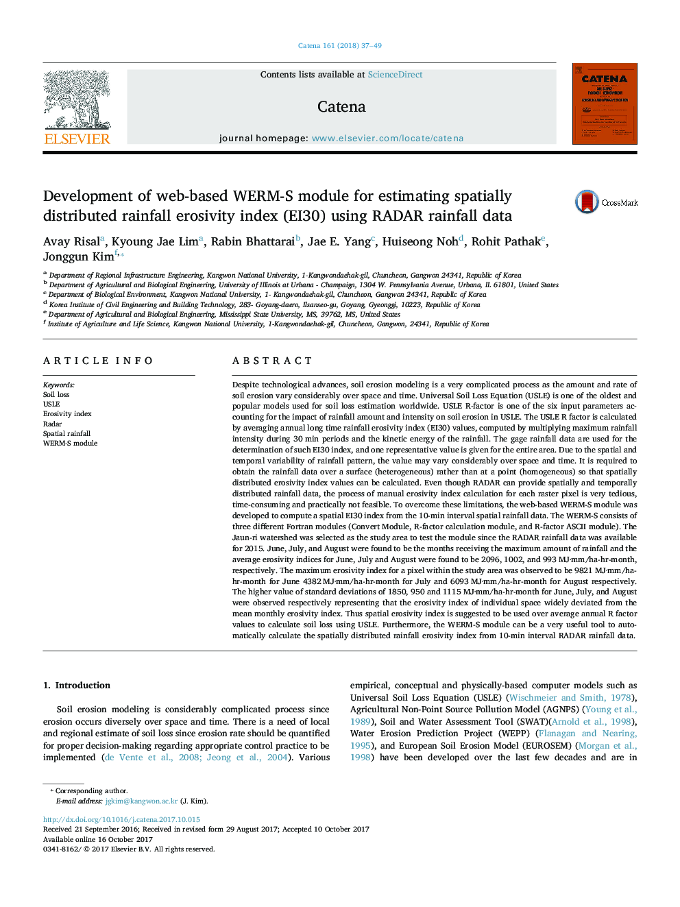 Development of web-based WERM-S module for estimating spatially distributed rainfall erosivity index (EI30) using RADAR rainfall data