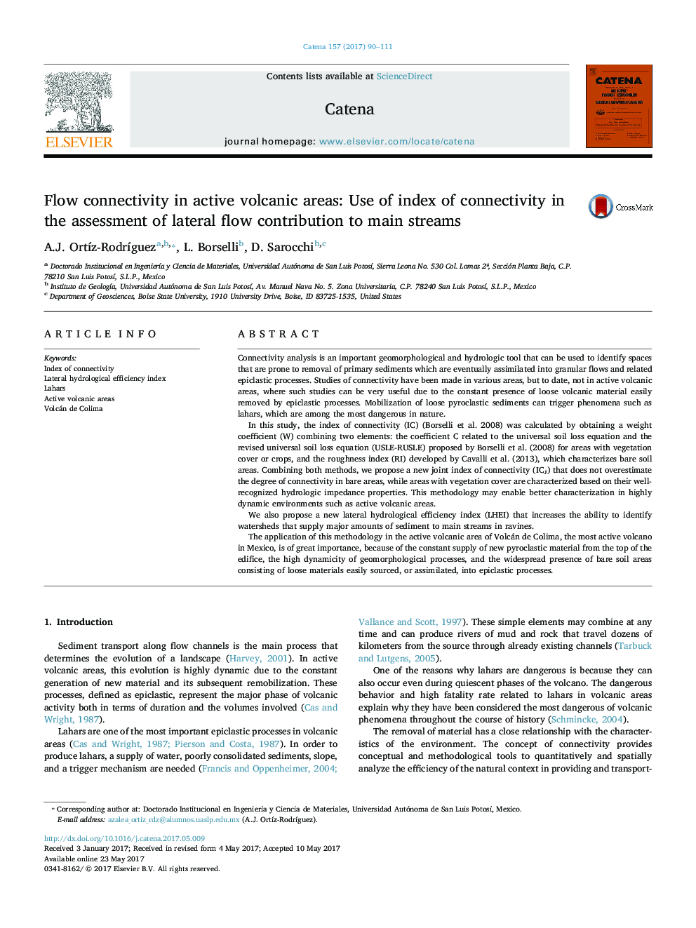 Flow connectivity in active volcanic areas: Use of index of connectivity in the assessment of lateral flow contribution to main streams