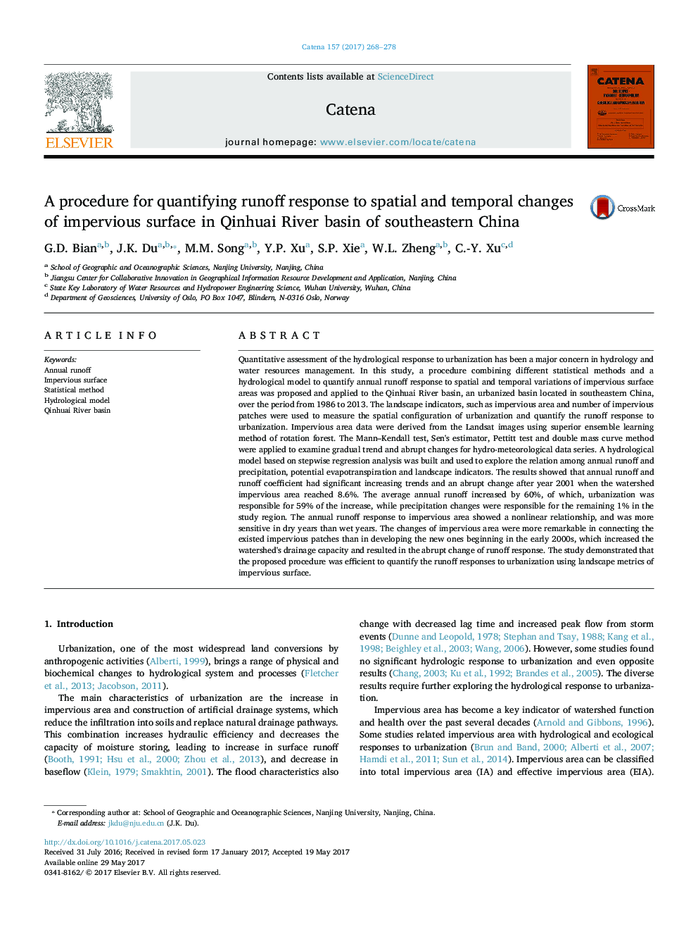 A procedure for quantifying runoff response to spatial and temporal changes of impervious surface in Qinhuai River basin of southeastern China