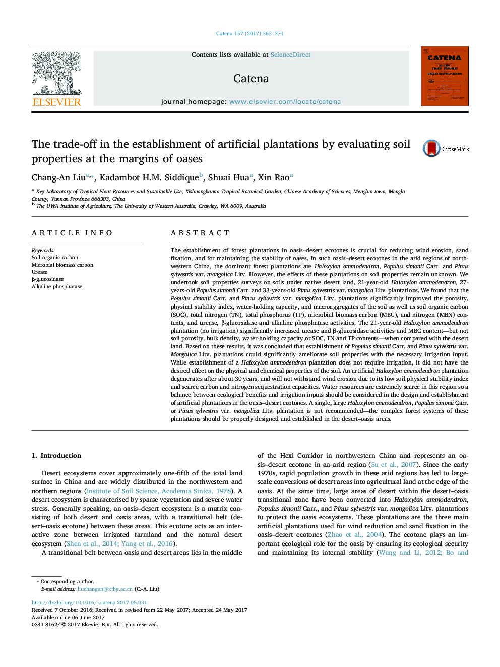 The trade-off in the establishment of artificial plantations by evaluating soil properties at the margins of oases