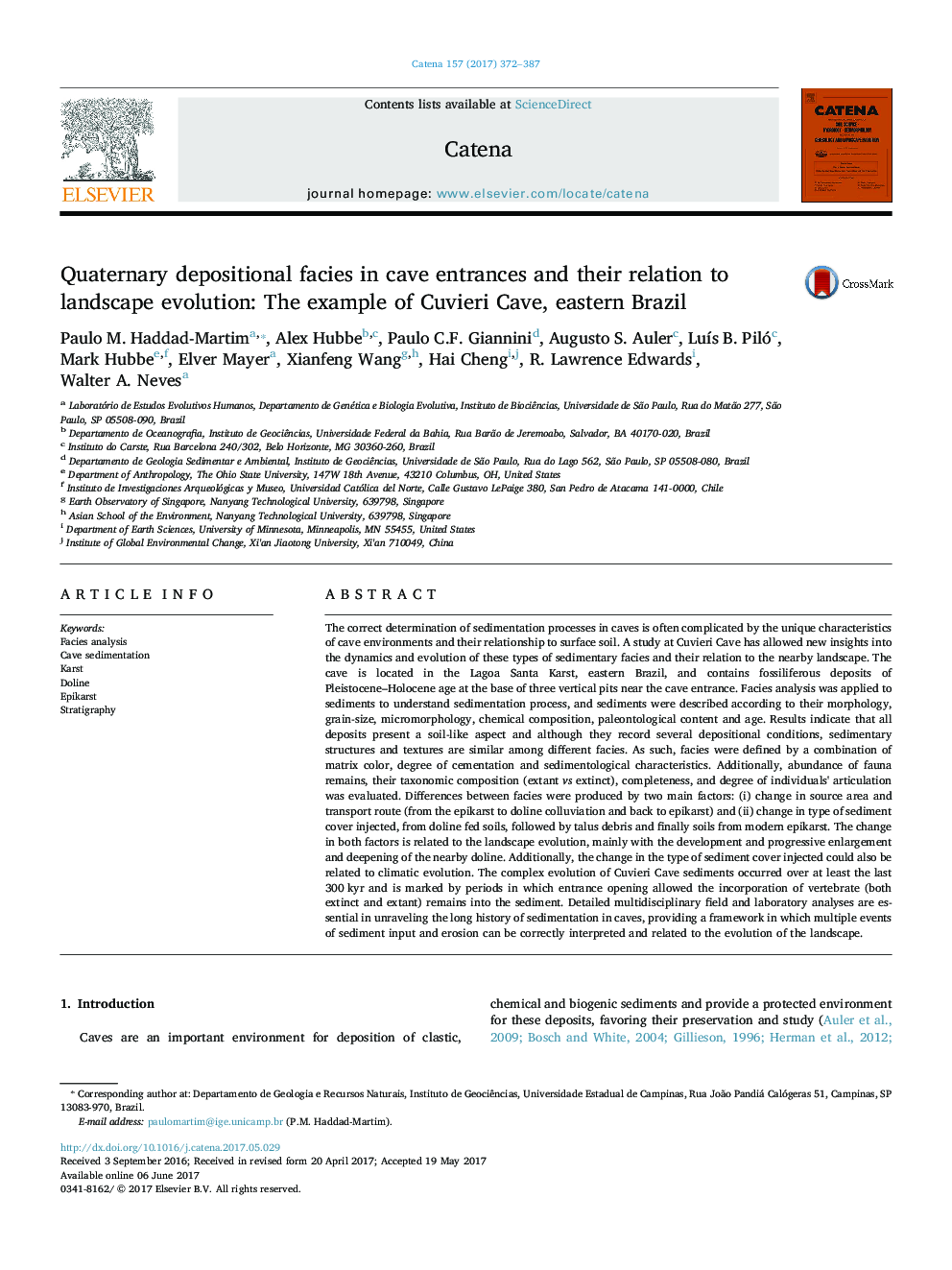 Quaternary depositional facies in cave entrances and their relation to landscape evolution: The example of Cuvieri Cave, eastern Brazil