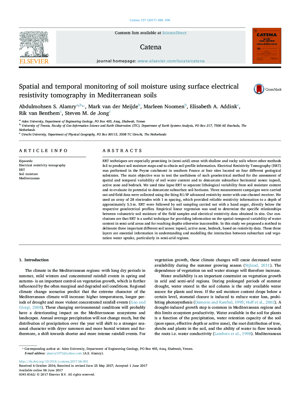 Spatial and temporal monitoring of soil moisture using surface electrical resistivity tomography in Mediterranean soils