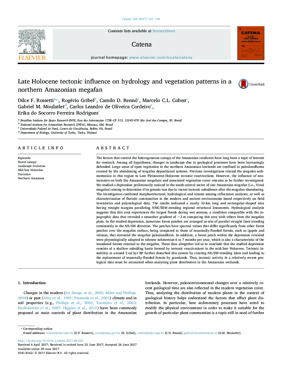 Late Holocene tectonic influence on hydrology and vegetation patterns in a northern Amazonian megafan