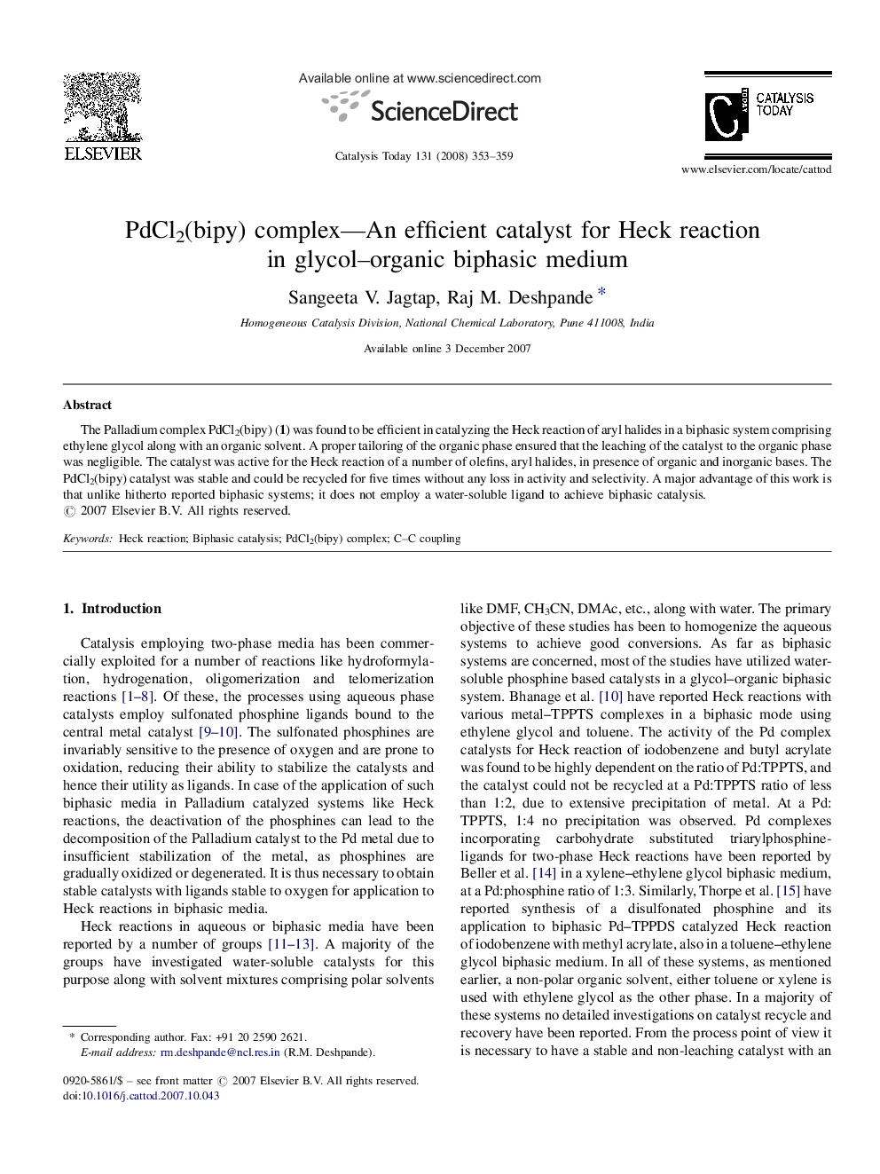 PdCl2(bipy) complex—An efficient catalyst for Heck reaction in glycol–organic biphasic medium