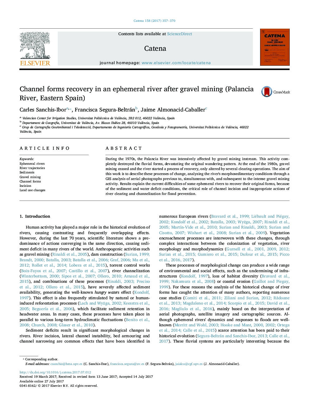 Channel forms recovery in an ephemeral river after gravel mining (Palancia River, Eastern Spain)