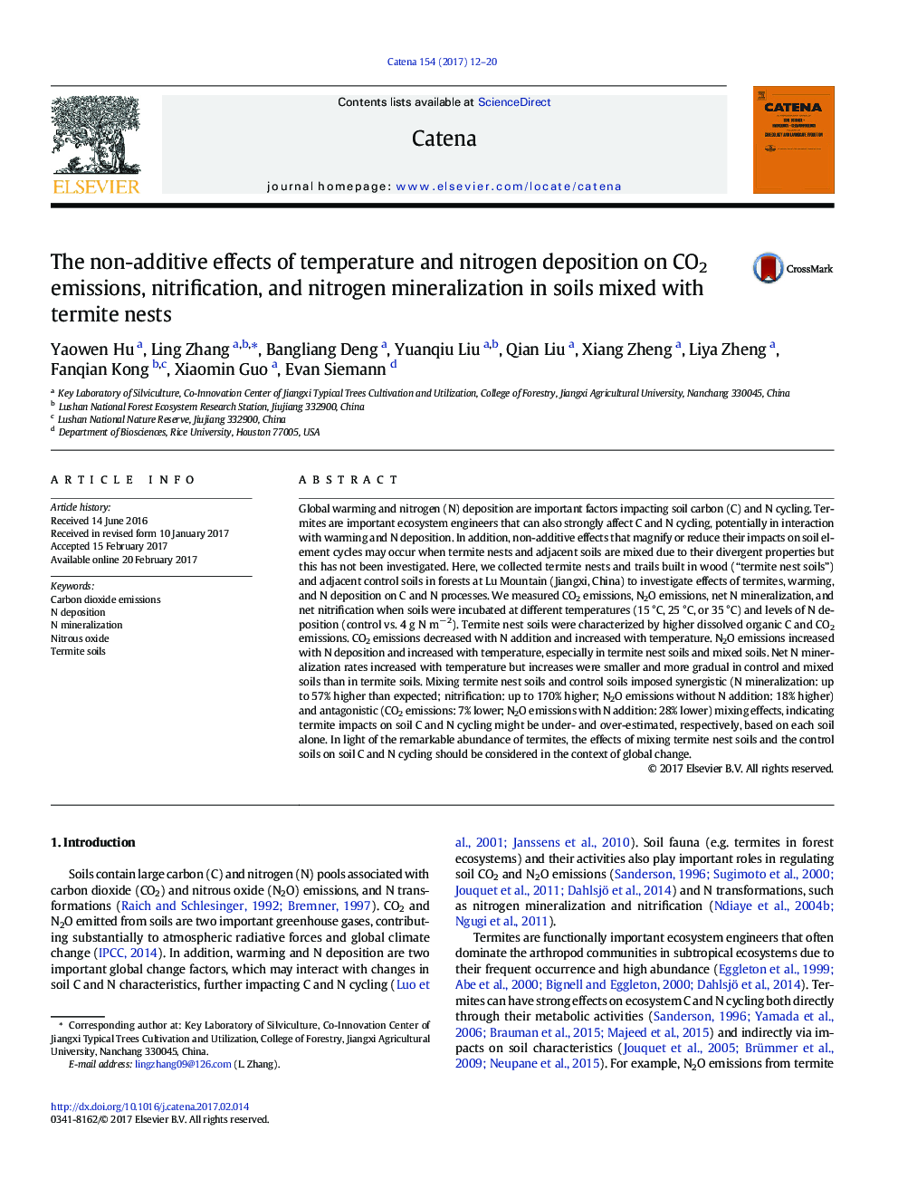 The non-additive effects of temperature and nitrogen deposition on CO2 emissions, nitrification, and nitrogen mineralization in soils mixed with termite nests