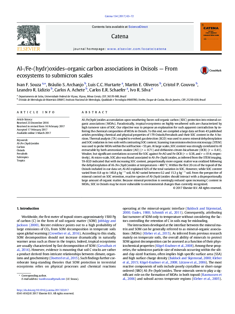Al-/Fe-(hydr)oxides-organic carbon associations in Oxisols - From ecosystems to submicron scales