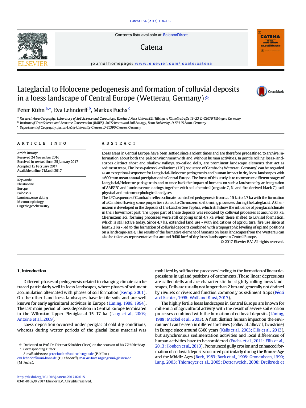 Lateglacial to Holocene pedogenesis and formation of colluvial deposits in a loess landscape of Central Europe (Wetterau, Germany)