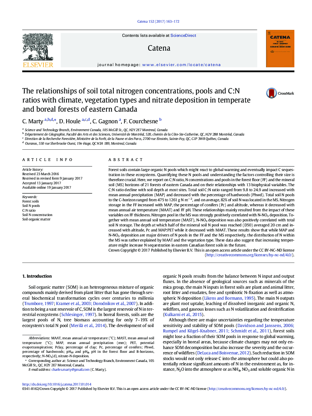 The relationships of soil total nitrogen concentrations, pools and C:N ratios with climate, vegetation types and nitrate deposition in temperate and boreal forests of eastern Canada