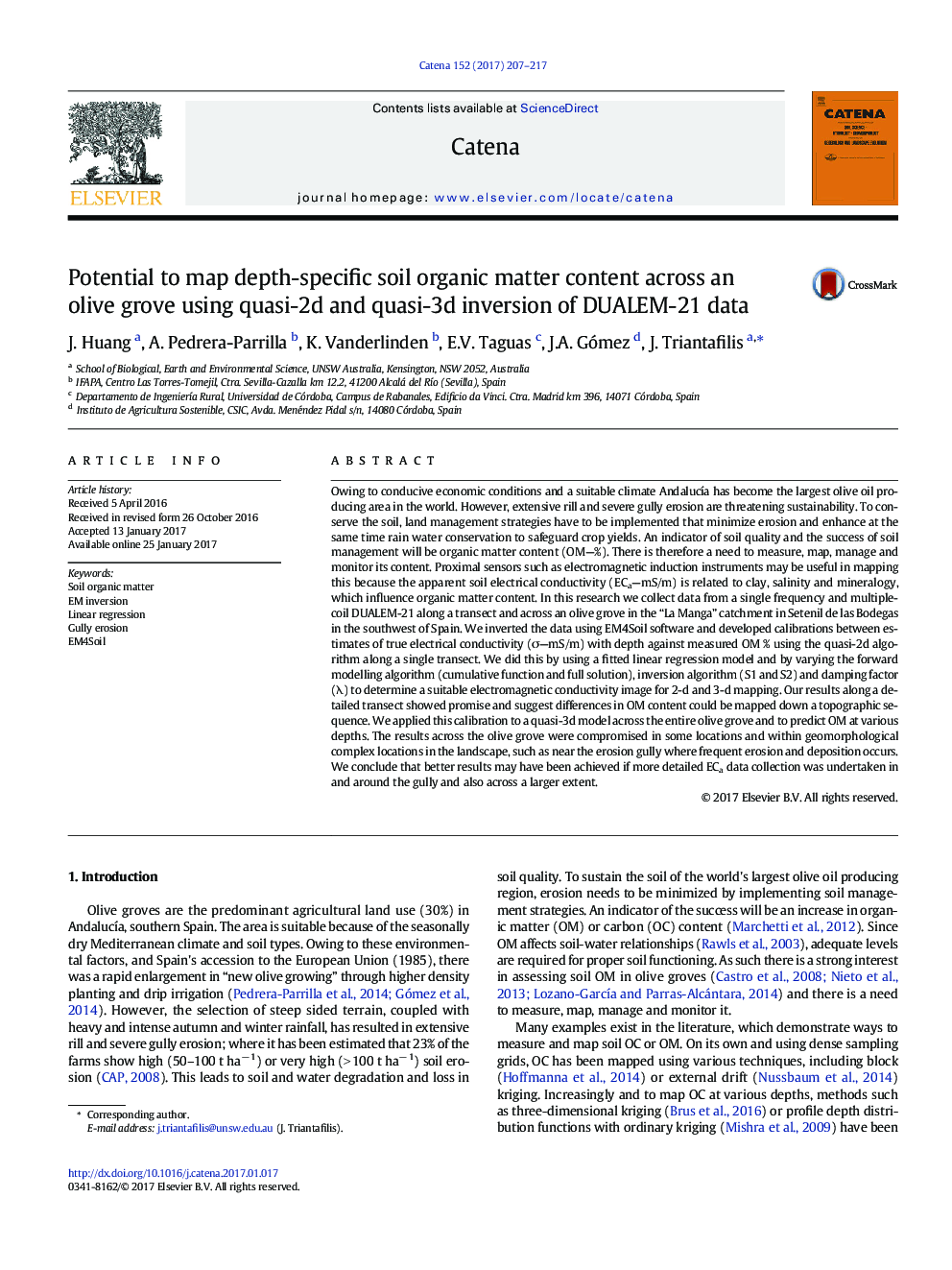 Potential to map depth-specific soil organic matter content across an olive grove using quasi-2d and quasi-3d inversion of DUALEM-21 data