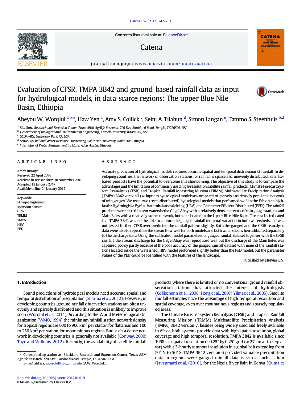 Evaluation of CFSR, TMPA 3B42 and ground-based rainfall data as input for hydrological models, in data-scarce regions: The upper Blue Nile Basin, Ethiopia