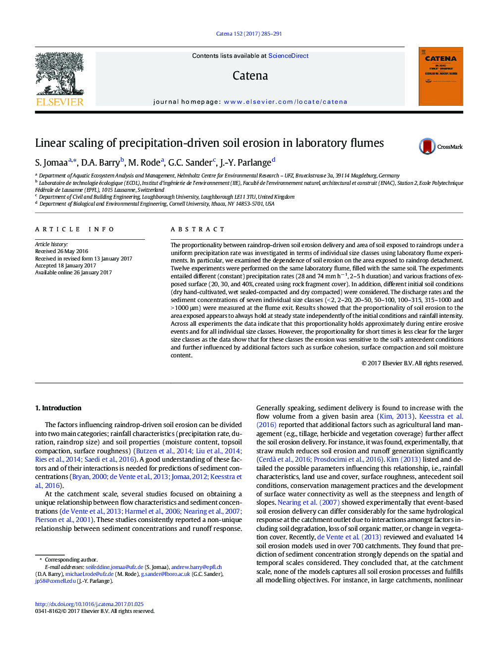 Linear scaling of precipitation-driven soil erosion in laboratory flumes