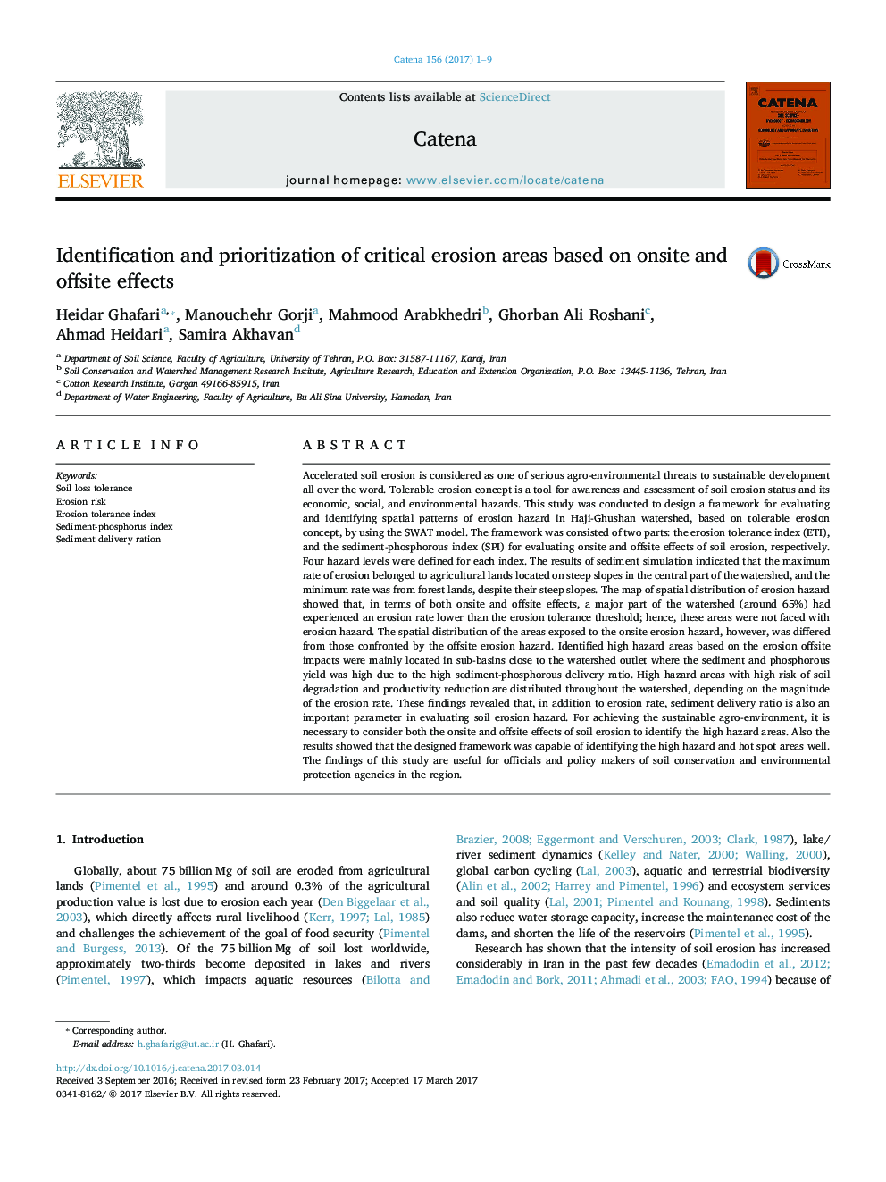 Identification and prioritization of critical erosion areas based on onsite and offsite effects