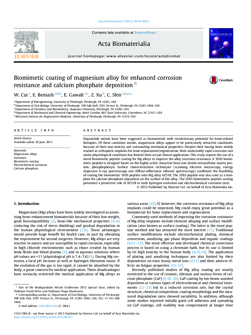 Biomimetic coating of magnesium alloy for enhanced corrosion resistance and calcium phosphate deposition 