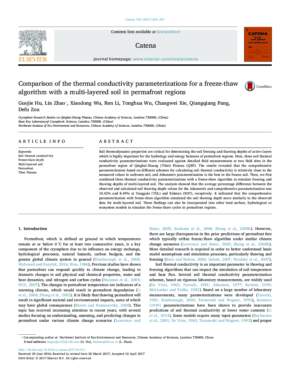 Comparison of the thermal conductivity parameterizations for a freeze-thaw algorithm with a multi-layered soil in permafrost regions