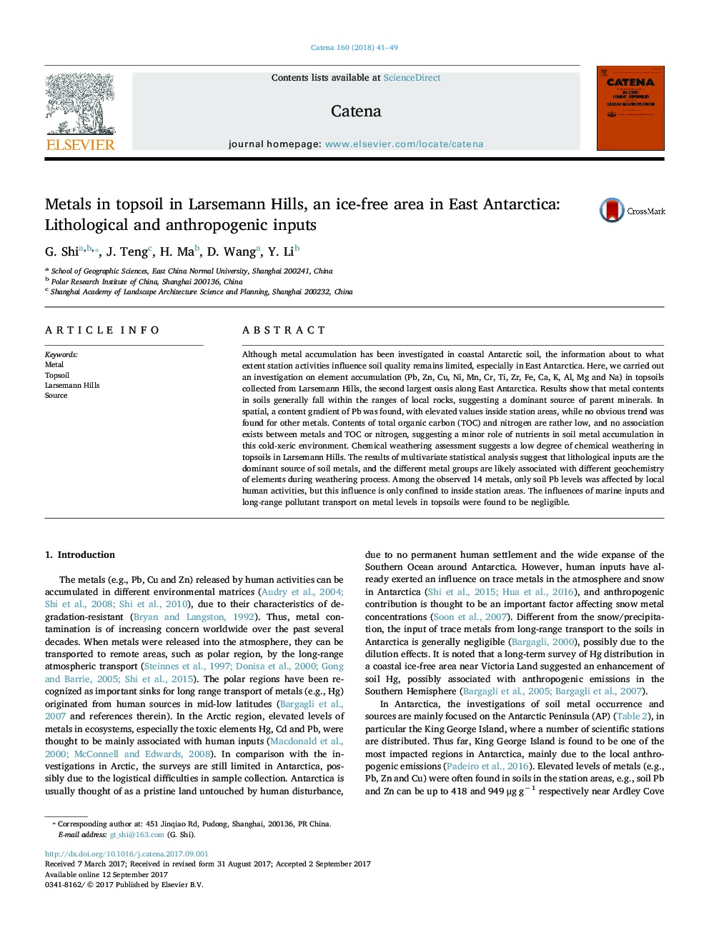 Metals in topsoil in Larsemann Hills, an ice-free area in East Antarctica: Lithological and anthropogenic inputs