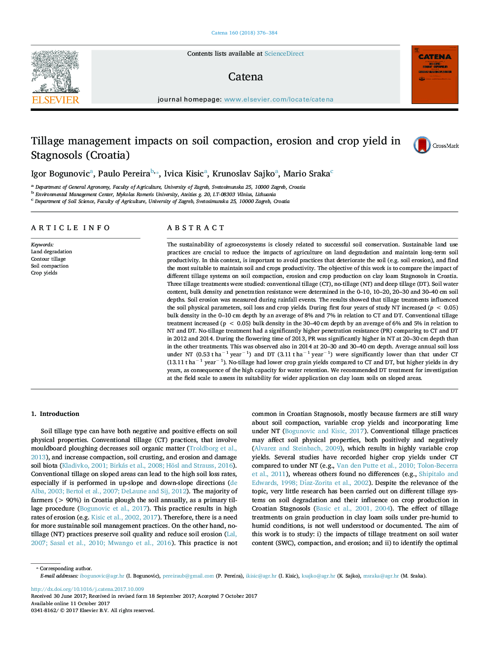 Tillage management impacts on soil compaction, erosion and crop yield in Stagnosols (Croatia)