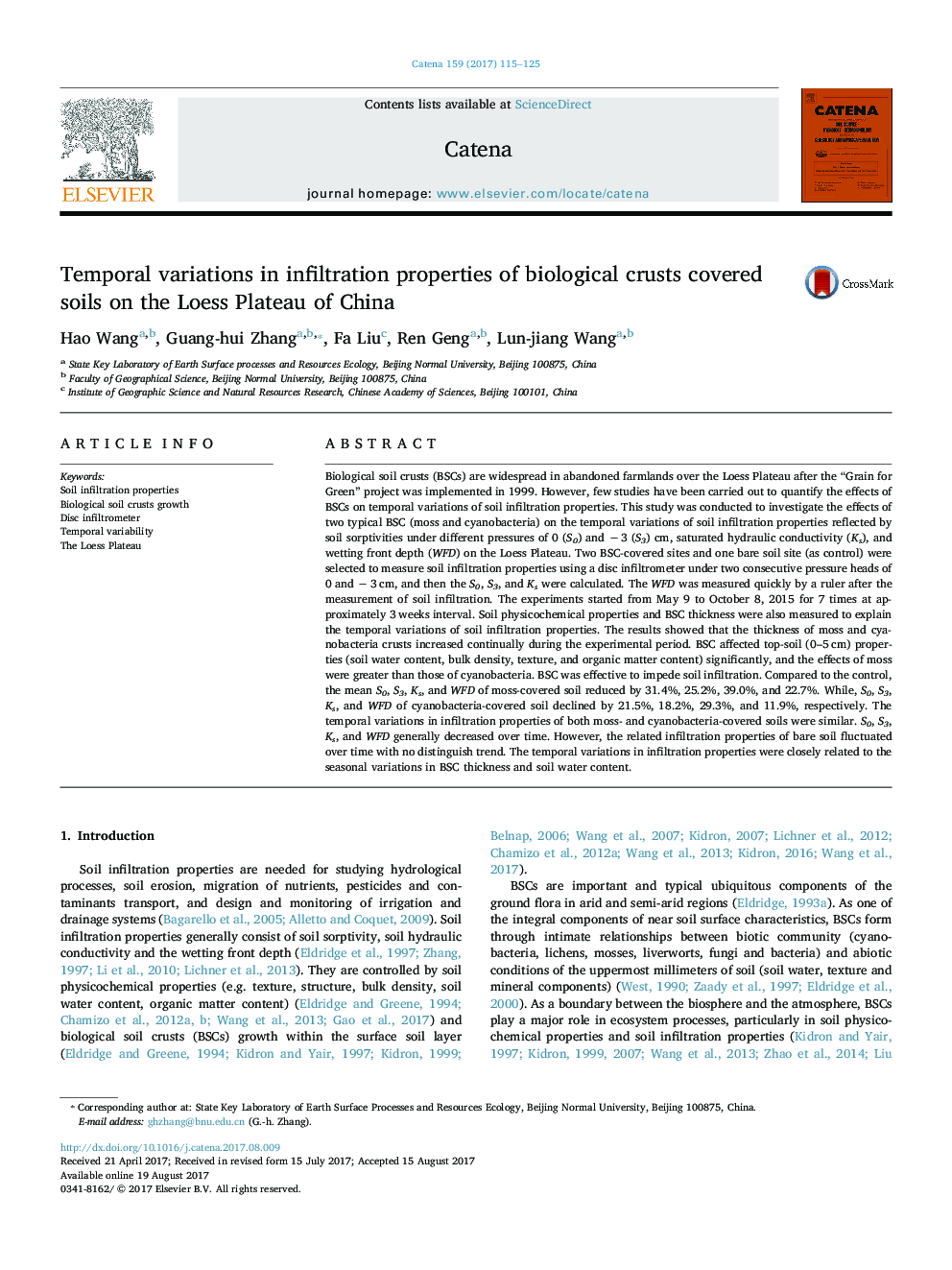 Temporal variations in infiltration properties of biological crusts covered soils on the Loess Plateau of China