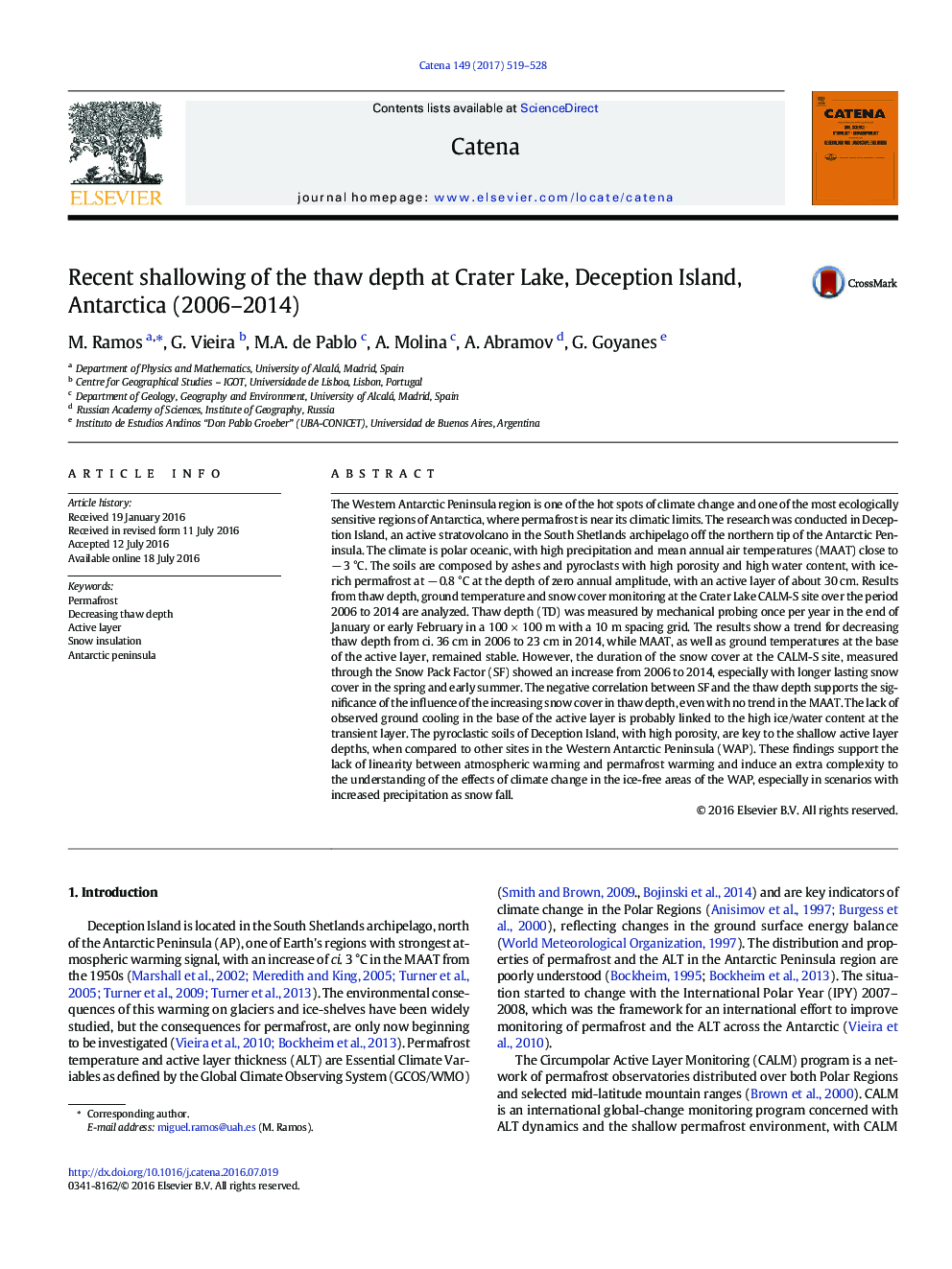 Recent shallowing of the thaw depth at Crater Lake, Deception Island, Antarctica (2006-2014)