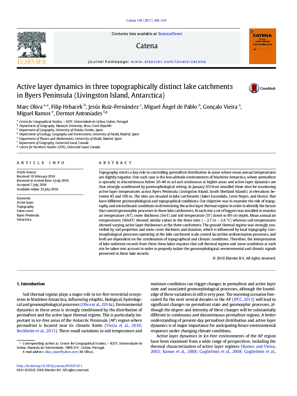 Active layer dynamics in three topographically distinct lake catchments in Byers Peninsula (Livingston Island, Antarctica)