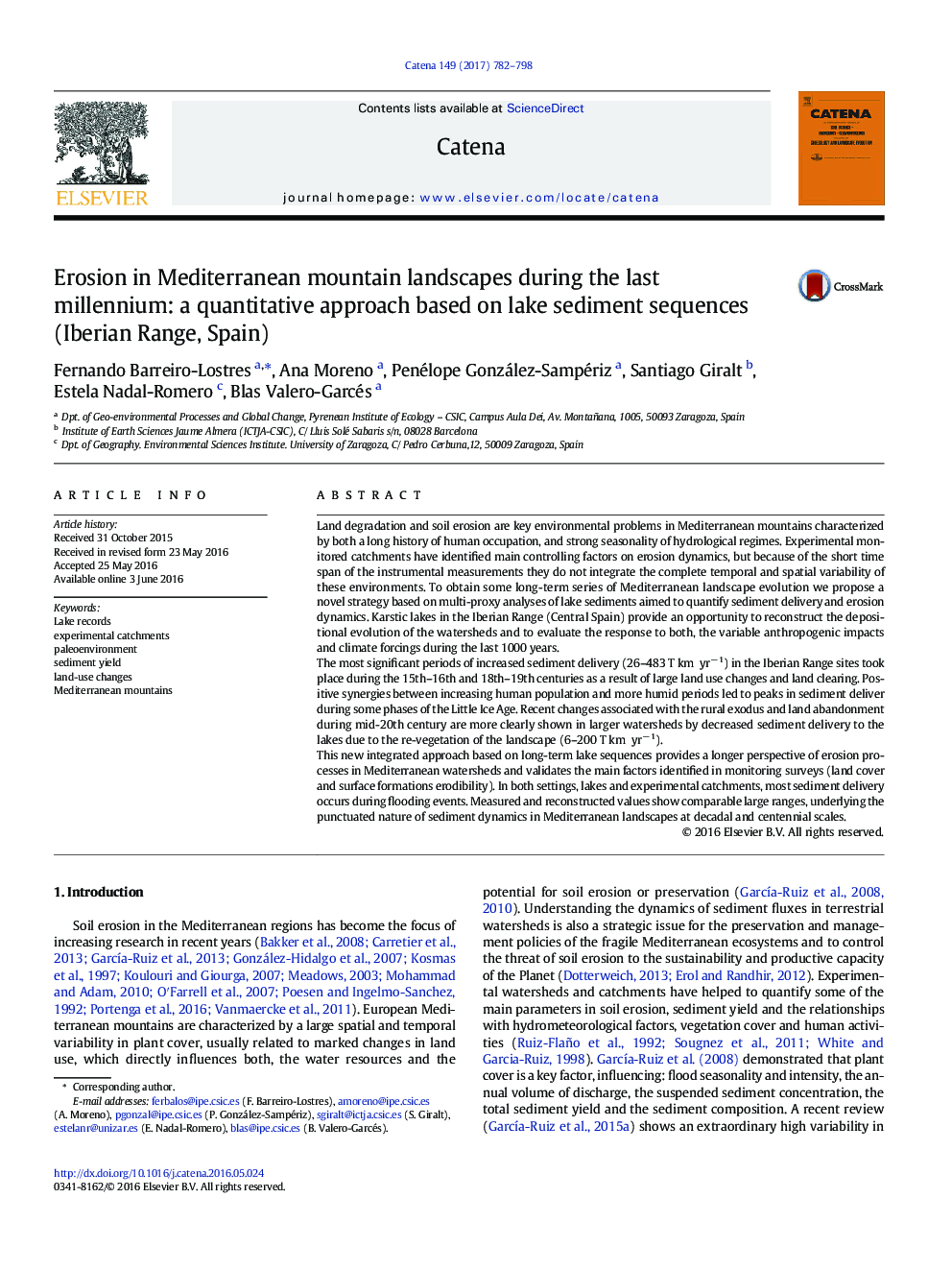 Erosion in Mediterranean mountain landscapes during the last millennium: a quantitative approach based on lake sediment sequences (Iberian Range, Spain)