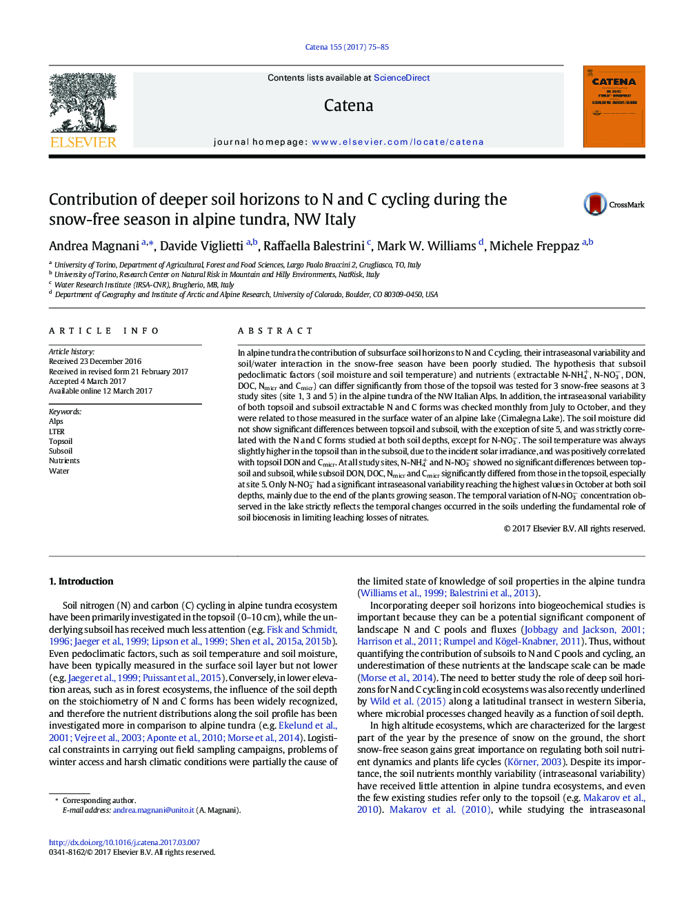 Contribution of deeper soil horizons to N and C cycling during the snow-free season in alpine tundra, NW Italy