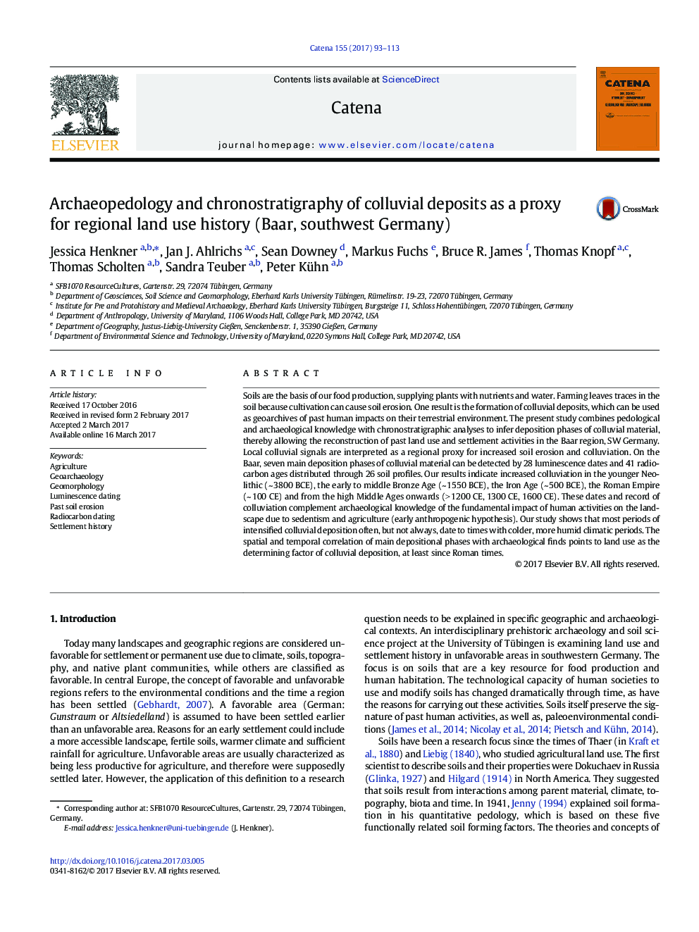 Archaeopedology and chronostratigraphy of colluvial deposits as a proxy for regional land use history (Baar, southwest Germany)