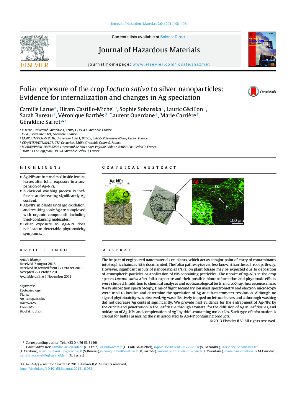 Foliar exposure of the crop Lactuca sativa to silver nanoparticles: Evidence for internalization and changes in Ag speciation