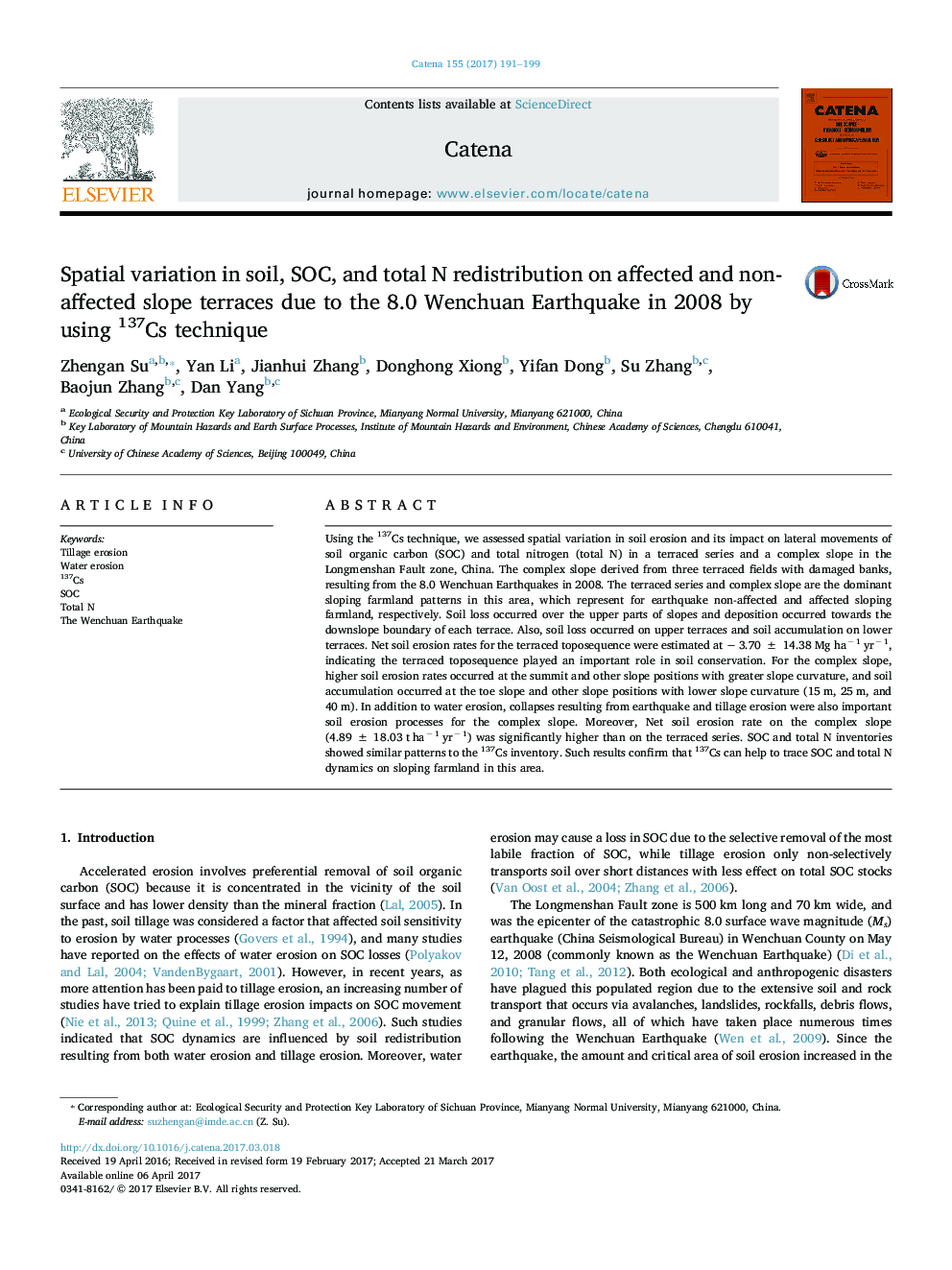 Spatial variation in soil, SOC, and total N redistribution on affected and non-affected slope terraces due to the 8.0 Wenchuan Earthquake in 2008 by using 137Cs technique